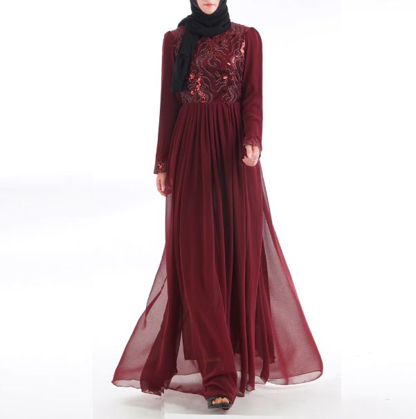 پیراهن حریر پوشیده مجلسی آستین بلند زرشکی زنانه