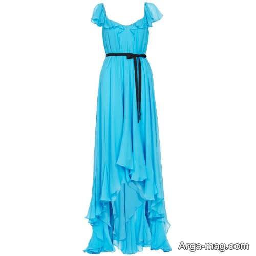 مدل لباس مجلسی زنانه بلند با پارچه حریر ساده آبی