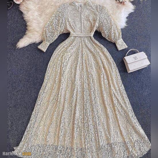 مدل لباس مجلسی حریر بلند آستین دار زنانه لاکچری 2022