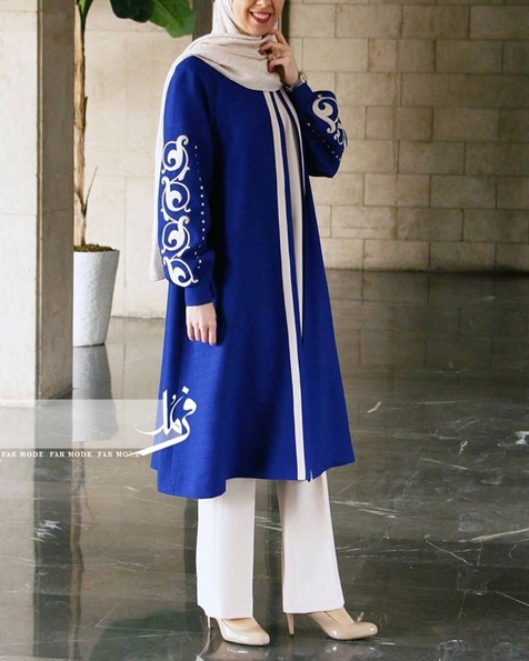 مانتو بلند آبی کاربنی دکمه دار