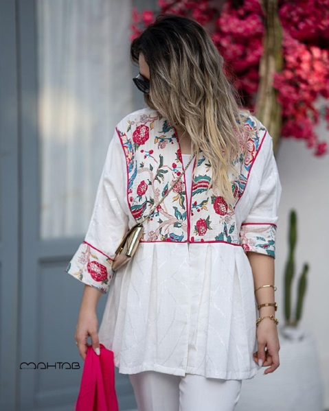 مانتو تابستانه سفید و طرح دار با دکمه مخفی