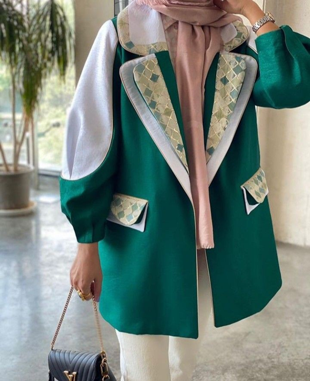 مانتو کتی جذاب دورنگ سفید و سبز دخترانه