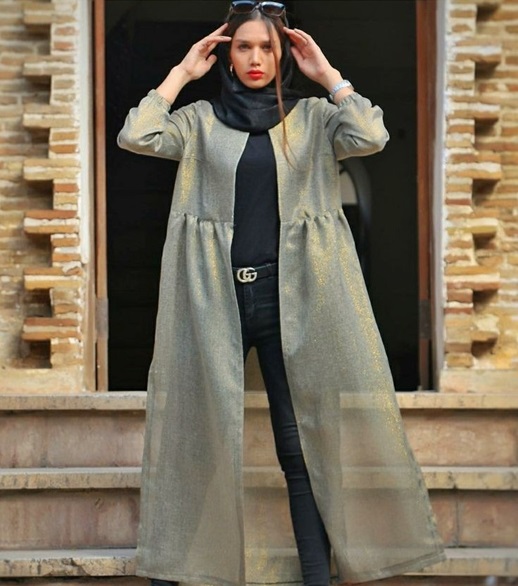 مانتو توری جلو باز از جنس ژاکارد و کمر پلیسه