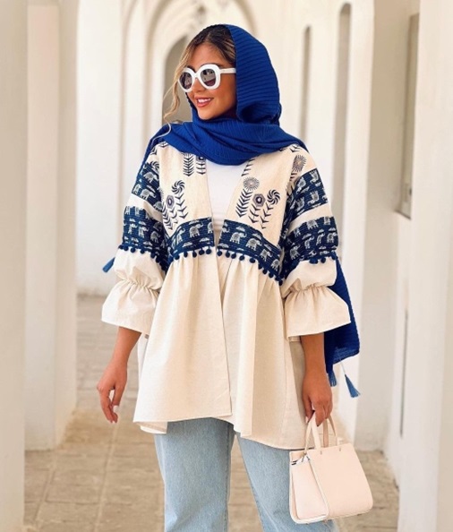 مانتو تابستانه ژاکارد با آستین کشی و خامه دوزی