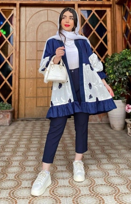 ژاکارد پایین چین رنگ سورمه ای با آستین مچی