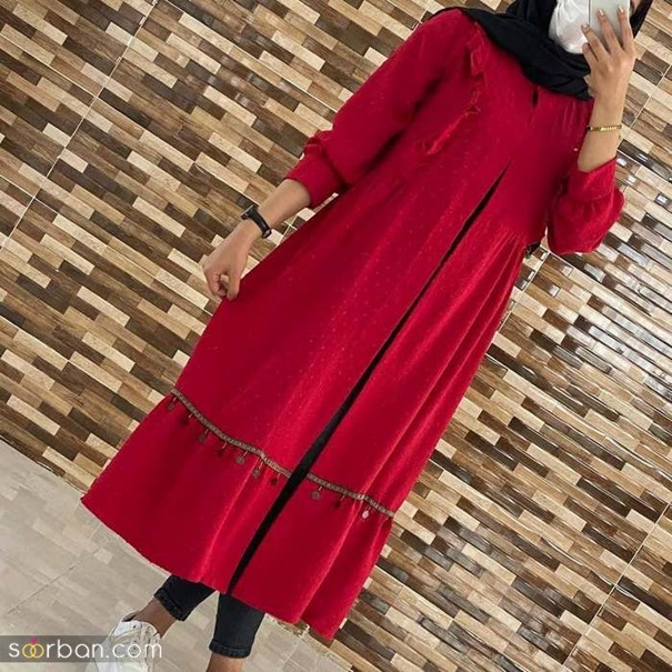 مانتو ابروبادی اشکی رنگ زرشکی شیک 